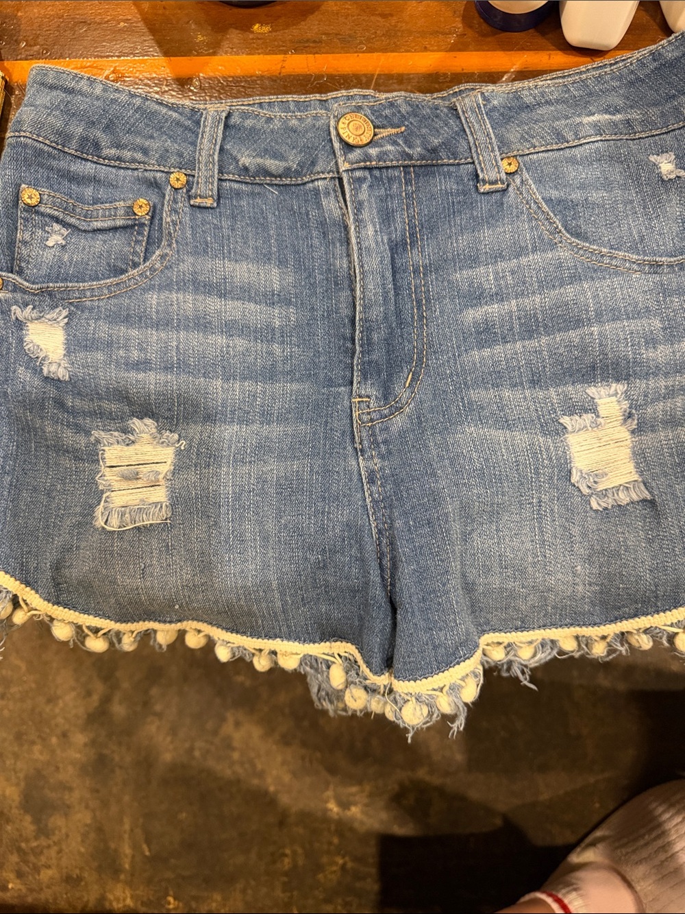 Celebrity Pink Light Blue Distressed Denim Pom-Trim Shorts